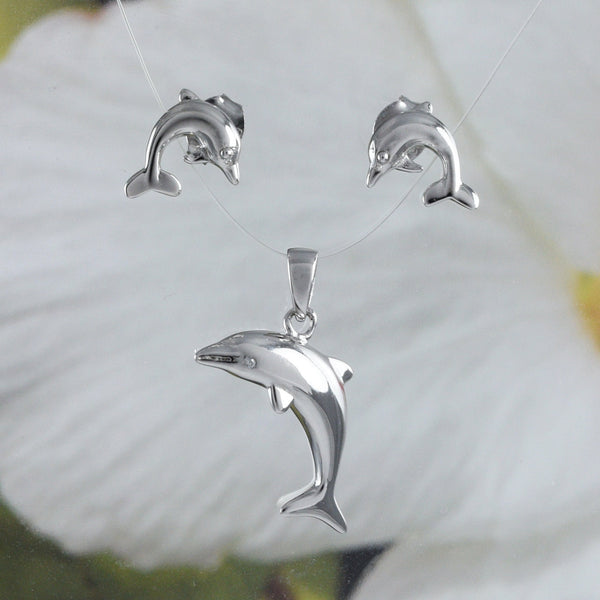 Beautiful Hawaiian Dolphin Necklace and Earring, Sterling Silver Leaping Dolphin Pendant, N2002S Birthday Valentine Wife Mom Girl Gift
