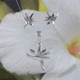 Unique Hawaiian Bird of Paradise Necklace and Earring, Sterling Silver Bird of Paradise Flower Pendant, N2005S Birthday Valentine Mom Gift