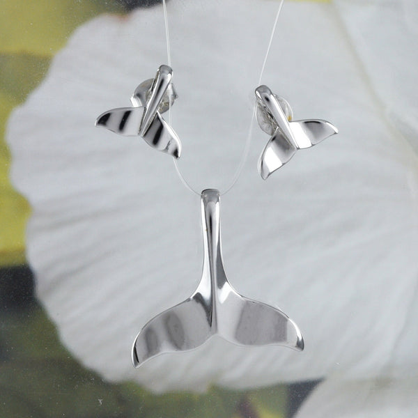 Beautiful Hawaiian Whale Tail Necklace and Earring, Sterling Silver Whale Tail Pendant, N2019S Birthday Valentine Wife Mom Gift