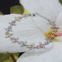 Unique Hawaiian 3-Tone Sea Turtle Ankle Bracelet, Sterling Silver Yellow-Gold Plated Tri-color Turtle Anklet, A3313 Birthday Valentine Gift