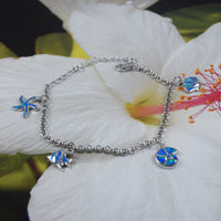 Beautiful Hawaiian Blue Opal Starfish Angelfish Seashell Bracelet, Sterling Silver Opal Sea Life Bracelet, B3314 Birthday Mom Valentine Gift