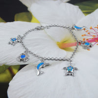 Beautiful Hawaiian Opal Sea Turtle Dolphin Crab Bracelet, Sterling Silver Blue Opal Turtle Plumeria Bracelet, B3316 Birthday Mom Gift
