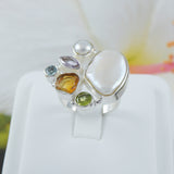 Gorgeous Hawaiian X-Large Genuine Peridot Citrine Amethyst Blue Topaz White Pearl Ring, Sterling Silver Ring, R2603 Statement PC