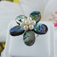 Unique Beautiful Hawaiian X-Large Genuine White Pearl Paua Shell Plumeria Ring, Stainless Steel Ring, R2616 Birthday Mom Wife Gift,