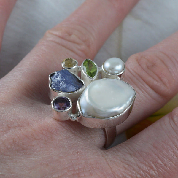 Gorgeous Hawaiian X-Large Genuine Peridot Citrine Amethyst Blue Topaz White Pearl Ring, Sterling Silver Ring, R2605 Statement PC