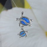 Beautiful Hawaiian Mom & Baby Sea Turtle Necklace, Sterling Silver Blue Opal Sea Turtle Family Pendant, N8836 Birthday Valentine Gift