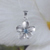 Beautiful Hawaiian Genuine Blue Topaz Plumeria Necklace, Sterling Silver Plumeria Flower Pendant, N8853 Birthday Valentine Mom Gift