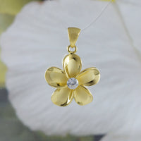 Beautiful Hawaiian Plumeria Necklace, Sterling Silver Yellow-Gold Plated Plumeria Flower CZ Pendant, N9161 Birthday Christmas Wife Mom Gift