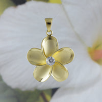 Beautiful Hawaiian Large Plumeria Necklace, Sterling Silver Yellow-Gold Plated Plumeria Flower CZ Pendant, N8856 Birthday Valentine Mom Gift