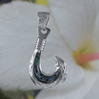 Unique Hawaiian Large Genuine Paua Shell Fish Hook Necklace, Sterling Silver Abalone MOP Fish Hook Pendant N8852 Valentine Birthday Mom Gift