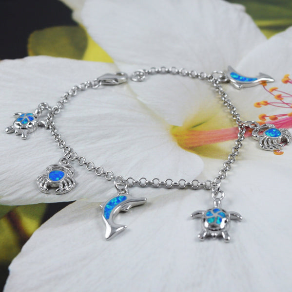 Beautiful Hawaiian Opal Sea Turtle Dolphin Crab Bracelet, Sterling Silver Blue Opal Turtle Plumeria Bracelet, B3316 Birthday Mom Gift