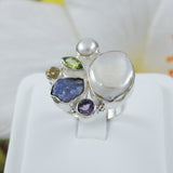 Gorgeous Hawaiian X-Large Genuine Peridot Citrine Amethyst Blue Topaz White Pearl Ring, Sterling Silver Ring, R2605 Statement PC