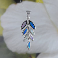Beautiful Hawaiian Tri-color Opal Maile Leaf Necklace, Sterling Silver Blue White Pink Opal Maile Leaf Pendant, N8838 Birthday Mom Gift