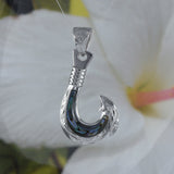 Unique Hawaiian Large Genuine Paua Shell Fish Hook Necklace, Sterling Silver Abalone MOP Fish Hook Pendant N8852 Valentine Birthday Mom Gift