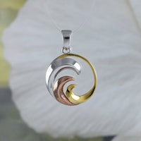 Beautiful Hawaiian Tri-color Ocean Wave Necklace, Sterling Silver Surfing Wave Pendant, N8857 Birthday Christmas Mom Gift