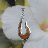 Gorgeous Hawaiian Large Genuine Koa Wood Fish Hook Necklace, Sterling Silver Fish Hook Pendant, N8861 Birthday Valentine Gift