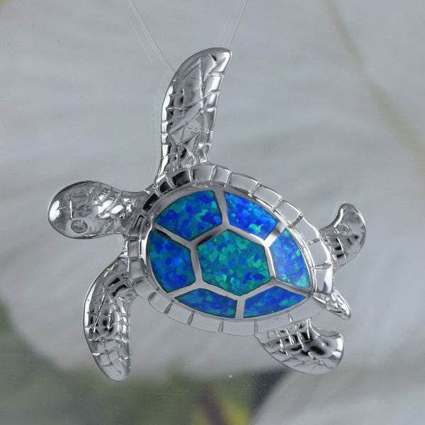 Gorgeous Hawaiian X-Large Blue Opal Sea Turtle Necklace, Sterling Silver Blue Opal Turtle Pendant, N8833 Birthday Mom Valentine Gift