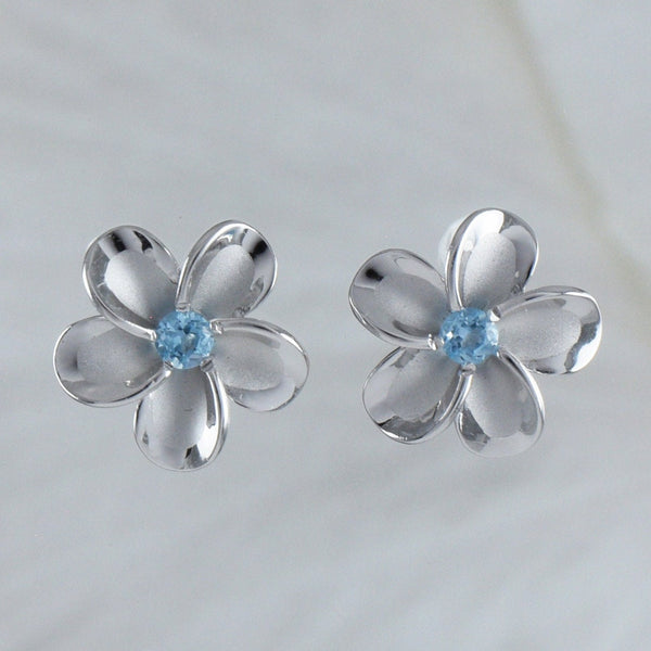 Beautiful Hawaiian Genuine Blue Topaz Plumeria Earring, Sterling Silver Plumeria Flower Stud Earring, E8890 Birthday Wife Mom Valentine Gift