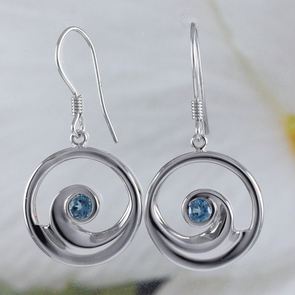 Beautiful Hawaiian Genuine Blue Topaz Ocean Wave Earring, Sterling Silver Wave Dangle Earring, E8916 Valentine Birthday Mom Wife Gift