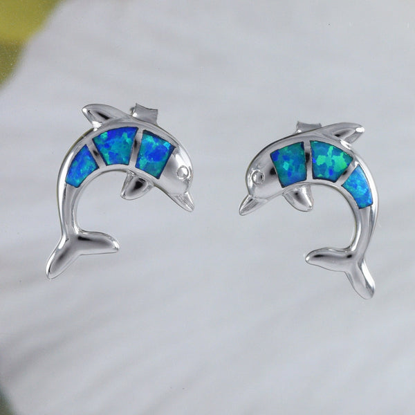 Beautiful Hawaiian Large Blue Opal Dolphin Earring, Sterling Silver Blue Opal Dolphin Stud Earring E4115 Birthday Valentine Mom Gift