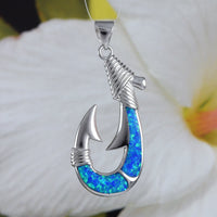 Unique Beautiful Hawaiian Large Blue Opal Fish Hook Necklace, Sterling Silver Opal Fish Hook Pendant, N4503 Birthday Valentine Gift