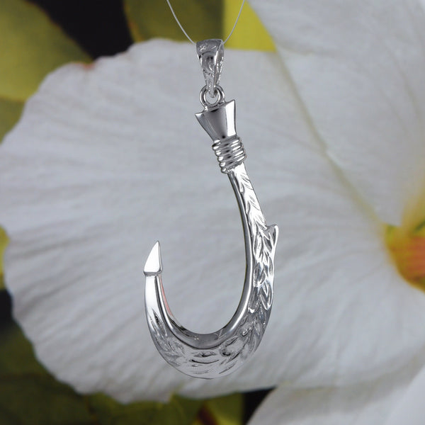 Unique Hawaiian X-Large 3D Fish Hook Maile Leaf Necklace, Sterling Silver Fish Hook Pendant, N4504 Birthday Valentine Anniversary Gift