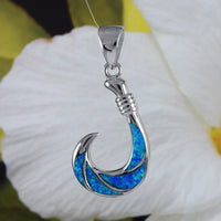 Unique Beautiful Hawaiian X-Large Blue Opal Fish Hook Necklace, Sterling Silver Opal Fish Hook Pendant, N4505 Birthday Valentine Gift