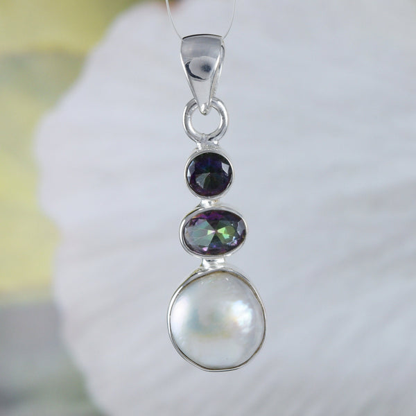 Gorgeous Hawaiian Genuine Mystic Topaz White Mabe Pearl Necklace, Sterling Silver Rainbow Topaz Pearl Pendant, N8979 Birthday Mom Gift