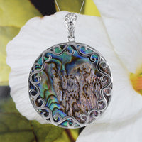Stunning X-Large Hawaiian Genuine Paua Shell Abalone Round Necklace, Sterling Silver Mother of Pearl Ocean Wave Pendant, N2679 Statement PC