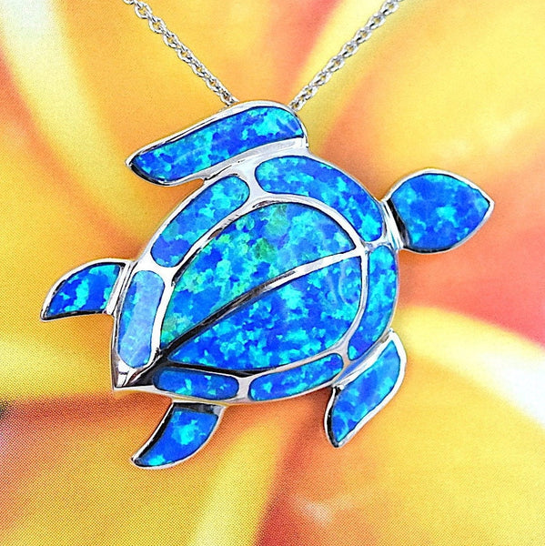 Gorgeous Hawaiian Large Blue Opal Sea Turtle Necklace, Sterling Silver Blue Opal Turtle Pendant, N2119 Birthday Mom Gift, Statement PC