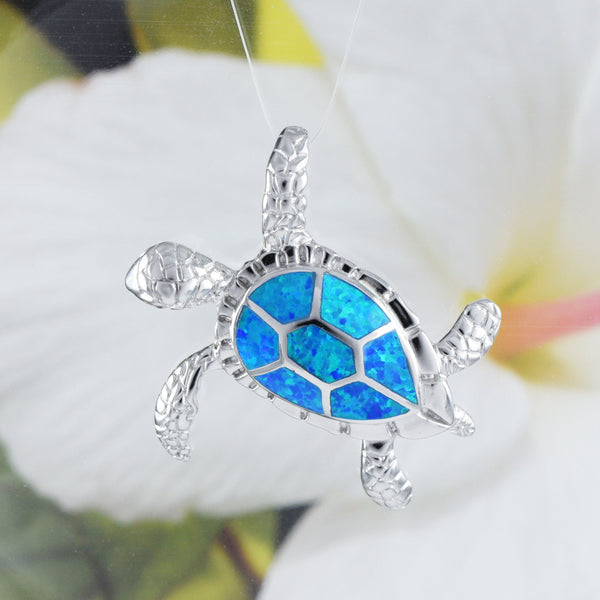 Gorgeous Hawaiian X-Large Blue Opal Sea Turtle Necklace, Sterling Silver Turtle Pendant, N8834 Birthday Mom Valentine Gift, Statement PC