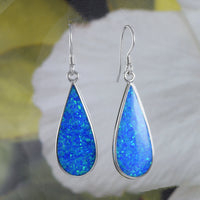 Gorgeous Hawaiian Large Blue Opal Rain Drop Earring, Sterling Silver Blue Opal Inlay Dangle Earring, E4178 Statement PC, Birthday Mom Gift