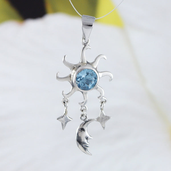 Unique Hawaiian Genuine Blue Topaz Sun Moon Star Necklace, Sterling Silver Blue Topaz Sun Pendant, N9159 Birthday Valentine Mom Gift