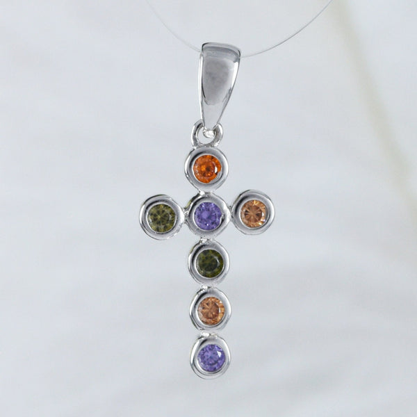 Beautiful Hawaiian Rainbow Color Stone Cross Necklace, Sterling Silver Cross Pendant, N9170 Birthday Valentine Mom Gift