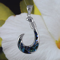 Unique Hawaiian XX-Large Genuine Paua Shell Fish Hook Necklace, Sterling Silver Abalone MOP Fish Hook Pendant N4508 Birthday Mom Gift