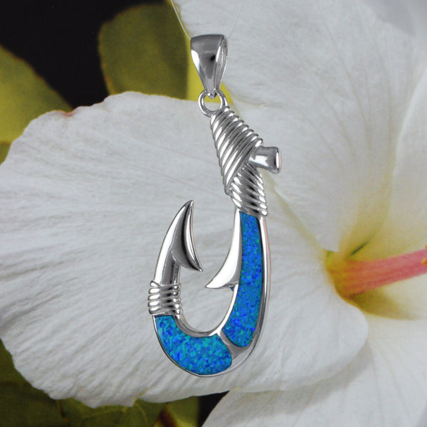 Unique Beautiful Hawaiian XXX-Large Blue Opal Fish Hook Necklace, Sterling Silver Opal Fish Hook Pendant, N4510 Birthday Valentine Gift