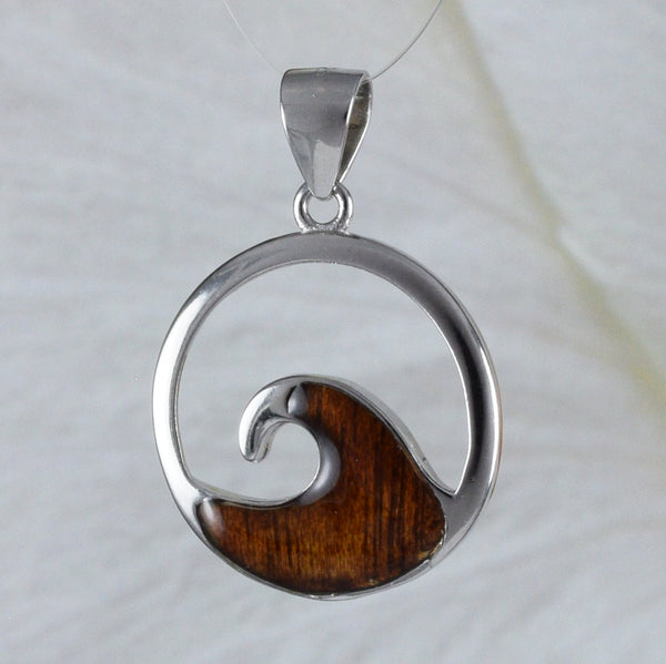 Unique Hawaiian Genuine Koa Wood Ocean Wave Necklace, Sterling Silver Wave Pendant, N4480 Birthday Mom Wife Valentine Gift