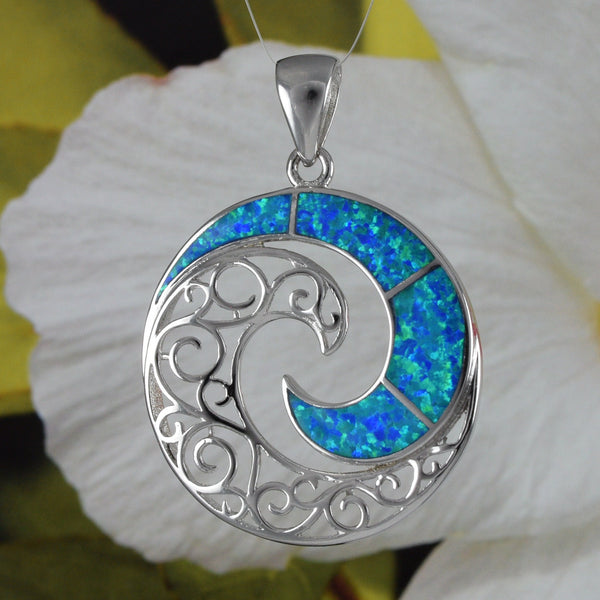 Gorgeous Hawaiian XX-Large Blue Opal Ocean Wave Necklace, Sterling Silver Opal Wave Pendant, N2360 Birthday Mom Valentine Gift, Statement PC