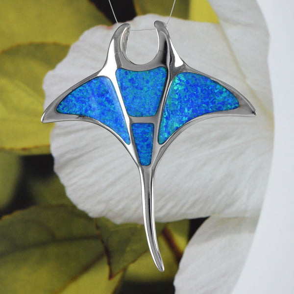 Gorgeous Hawaiian X-Large Blue Opal Manta Ray Necklace, Sterling Silver Blue Opal Manta Ray Pendant, N4493 Birthday Mom Gift, Statement PC