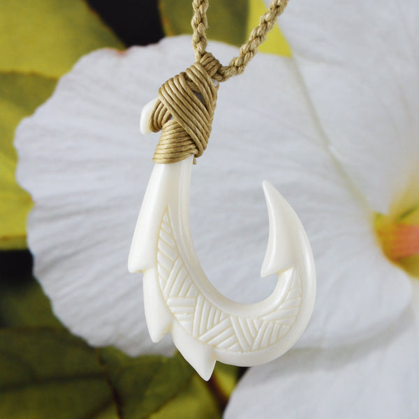 Unique Hawaiian Large Fish Hook Necklace, Hand Carved Buffalo Bone 3D –  Hawaii Treasures Shop