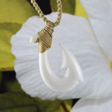 Pretty Hawaiian Large Fish Hook Necklace, Hand Carved Buffalo Bone 3D Fish Hook Necklace, N9103 Birthday Valentine Gift, Island Jewelry