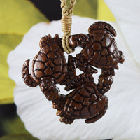 Unique Hawaiian X-Large Koa Wood 3 Sea Turtle Necklace, Hand Carved Genuine Koa Wood Turtle Family Necklace, N9108 Birthday Valentine Gift