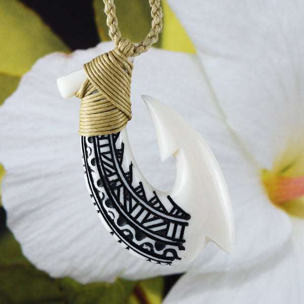 Unique Hawaiian Large Fish Hook Necklace, Hand Carved Buffalo Bone 3D Fish Hook Necklace, N9113 Birthday Valentine Gift, Island Jewelry