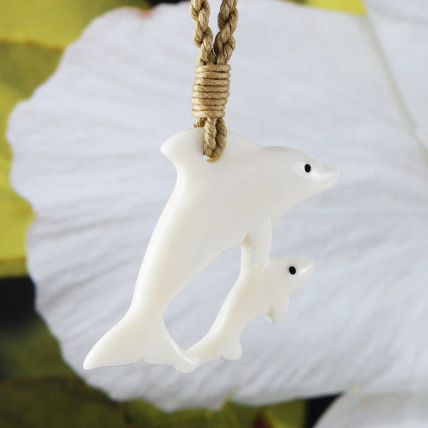 Unique Hawaiian Mom and Baby Dolphin Necklace, Hand Carved Buffalo Bone 2 Dolphin Necklace, N9116 Birthday Valentine Gift, Island Jewelry