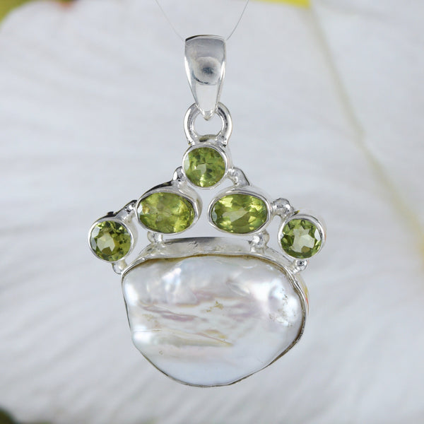 Unique Hawaiian Large Genuine 5 Peridot White Mabe Pearl Necklace, Sterling Silver Peridot Pearl Pendant, N8990 Birthday Valentine Mom Gift