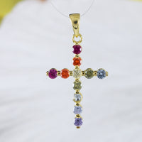Beautiful Hawaiian Rainbow Color Stone Cross Necklace, Sterling Silver Yellow-Gold Plated Cross Pendant, N8995 Birthday Valentine Mom Gift
