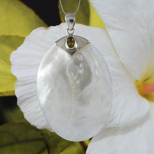 Beautiful Hawaiian X-Large Genuine White Mother of Pearl Citrine Necklace, Sterling Silver Mother of Pearl Pendant, N9078 Birthday Mom Gift