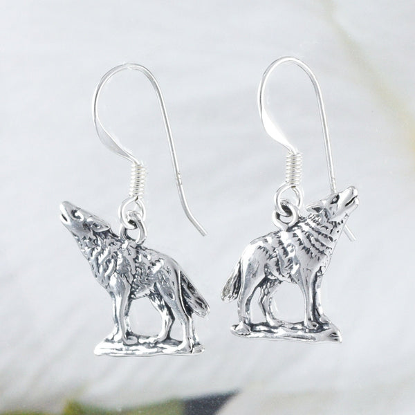 Unique American Wolf Earring, Sterling Silver Wolf Dangle Earring, E9063 Birthday Wife Mom Valentine Gift