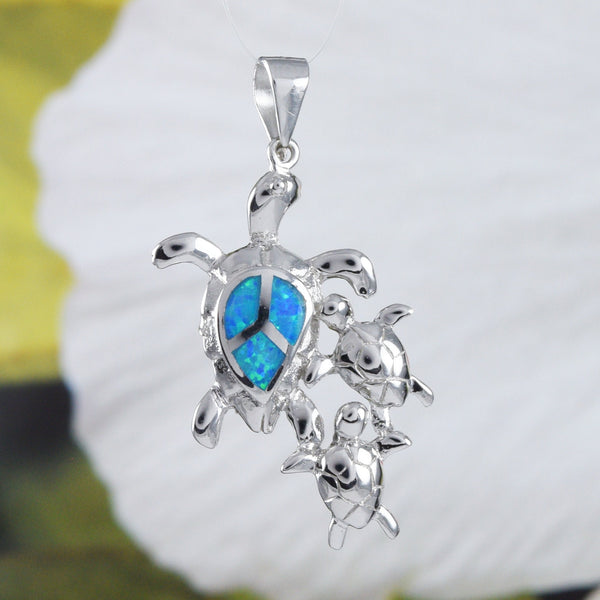 Beautiful Hawaiian Blue Opal Mom & 2 Baby Turtle Necklace, Sterling Silver Opal Sea Turtle Family Pendant, N9176 Birthday Valentine Gift