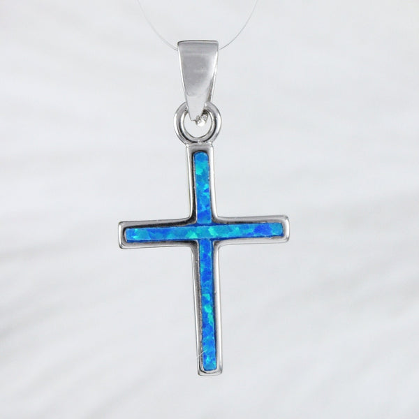 Beautiful Hawaiian Blue Opal Cross Necklace, Sterling Silver Blue Opal Cross Pendant, N9188 Birthday Valentine Mom Anniversary Gift